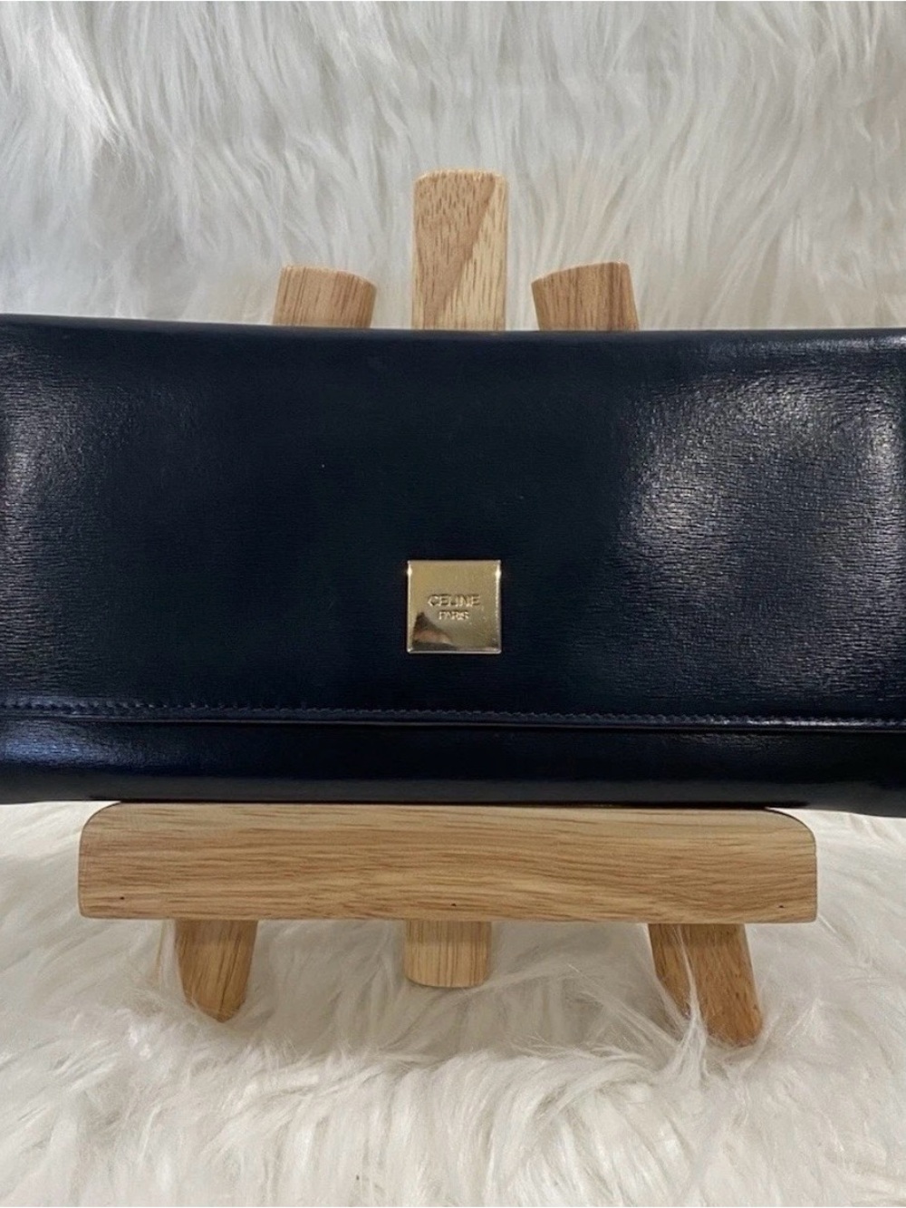 Celine Black Leather Clutch Wallet with Gold Square Logo and Kiss Lock